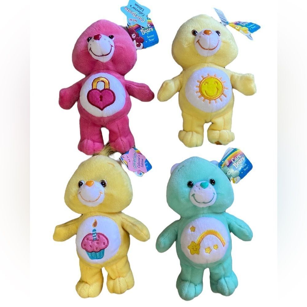 NWT Vtg 2002 Lot of 4 Care Bears Secret Funshine Birthday Wish Bears 8” Stuffed